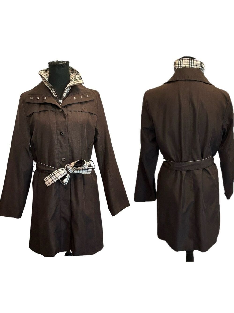 Dark chocolate brown nova check mini trenchcoat full zip belted high collar
